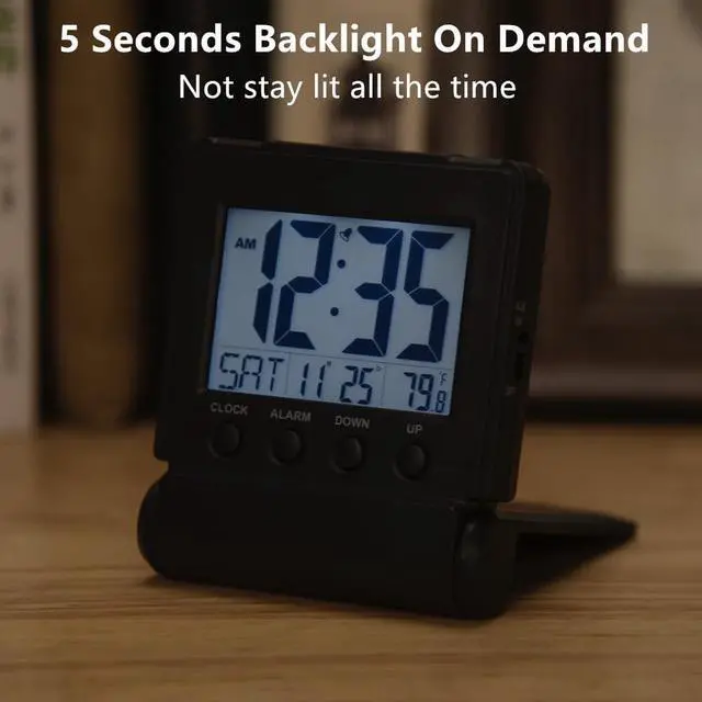 Alt view image 6 of 7 - FAMICOZY Small Folding Digital Travel Alarm Clock with Day/Month/Date/Indoor Temperature,Easy to Read and Set,High/Low Alarm Volume,9 Min Snooze,Backlight on Demand,Bedside Calendar Alarm Clock,Black