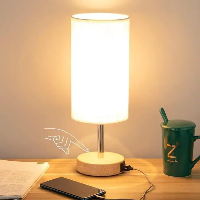 Main image of r Bedside Table Lamp with USB Port - Touch Control for Bedroom 3 Way Dimmable Nightstand Lamp with Flaxen Fabric Shade for Living Room, Dorm, Home Office, Wood-Grain (LED Bulb Included)