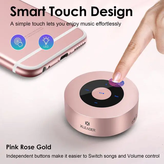 Alt view image 2 of 7 - XLEADER Mini Bluetooth Speaker (Travel Case Provided) HD Sound&Rich Bass, Touch Design, 12-15H Playtime, Support Aux Input, Micro SD, Mic, for iPhone Laptop Shower Office, Ideal Gifts, Pink Rose Gold