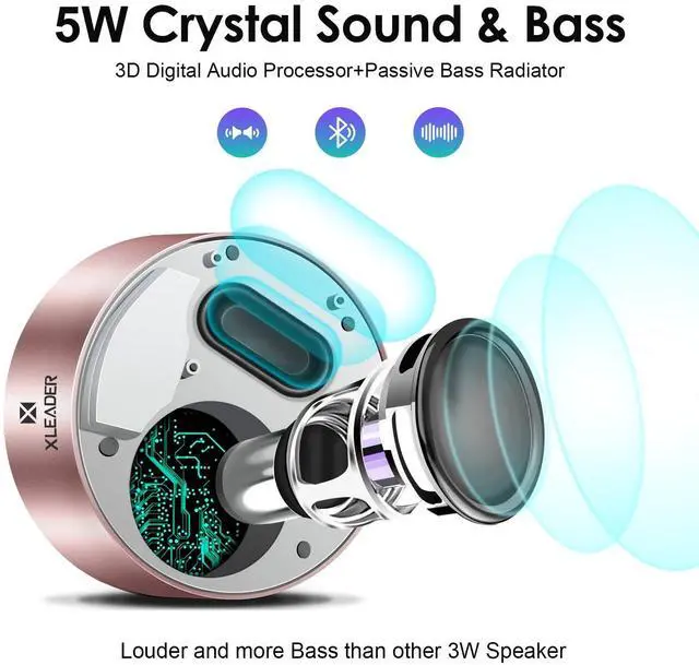 Alt view image 3 of 7 - XLEADER Mini Bluetooth Speaker (Travel Case Provided) HD Sound&Rich Bass, Touch Design, 12-15H Playtime, Support Aux Input, Micro SD, Mic, for iPhone Laptop Shower Office, Ideal Gifts, Pink Rose Gold