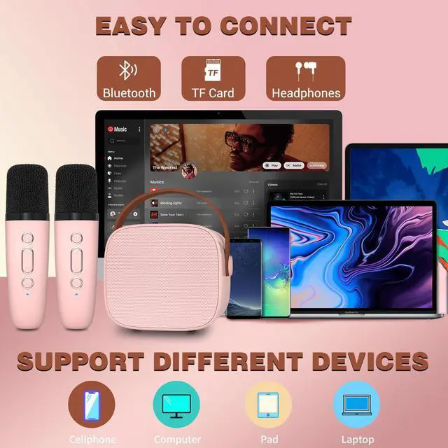 Alt view image 4 of 7 - IROO Karaoke Machine for Kids,Most Popular Birthday Gifts for 3, 4, 5, 6, 7, 8, 9, 10,11,12 +Year Old Girls Boys,Mini Karaoke Machine with 2 Wireless Microphones,Portable Bluetooth Home Party (P-ink)