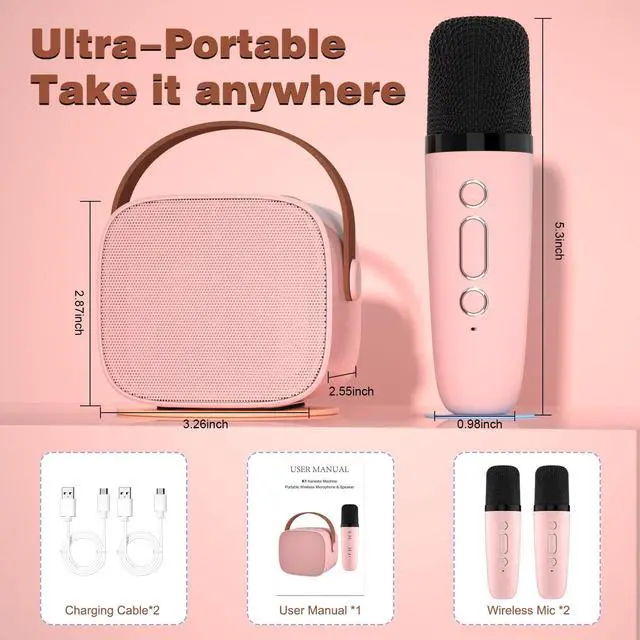 Alt view image 7 of 7 - IROO Karaoke Machine for Kids,Most Popular Birthday Gifts for 3, 4, 5, 6, 7, 8, 9, 10,11,12 +Year Old Girls Boys,Mini Karaoke Machine with 2 Wireless Microphones,Portable Bluetooth Home Party (P-ink)