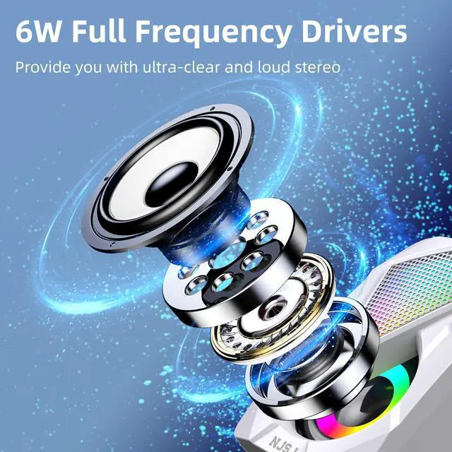 Alt view image 2 of 7 - NJSJ Computer Speakers for Desktop, USB-Powered Stereo 2.0 PC Speakers, Portable Small Speaker for Laptop Monitor with 3.5mm Aux Input, Colorful LED Lights - White