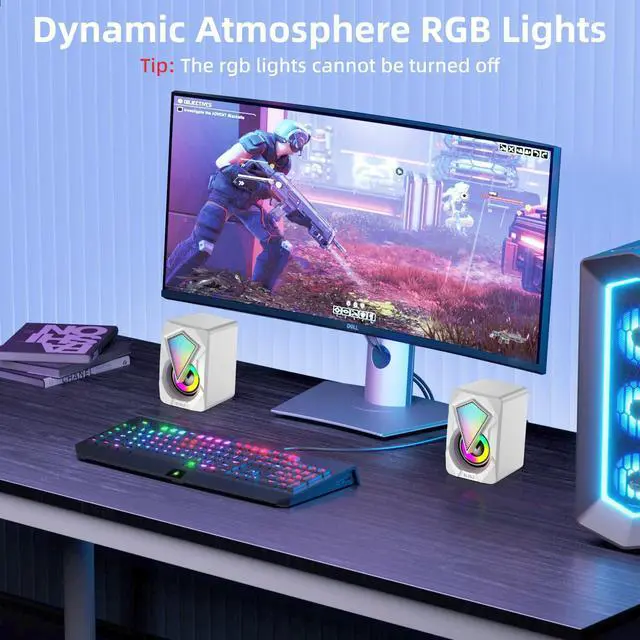 Alt view image 3 of 7 - NJSJ Computer Speakers for Desktop, USB-Powered Stereo 2.0 PC Speakers, Portable Small Speaker for Laptop Monitor with 3.5mm Aux Input, Colorful LED Lights - White