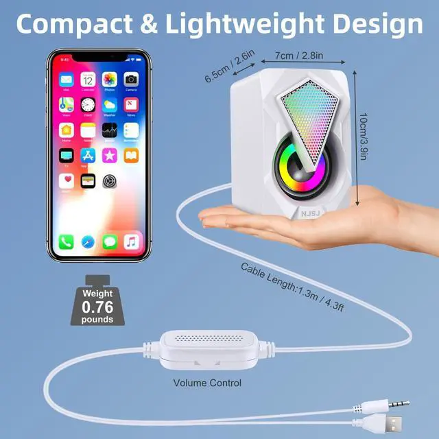Alt view image 4 of 7 - NJSJ Computer Speakers for Desktop, USB-Powered Stereo 2.0 PC Speakers, Portable Small Speaker for Laptop Monitor with 3.5mm Aux Input, Colorful LED Lights - White