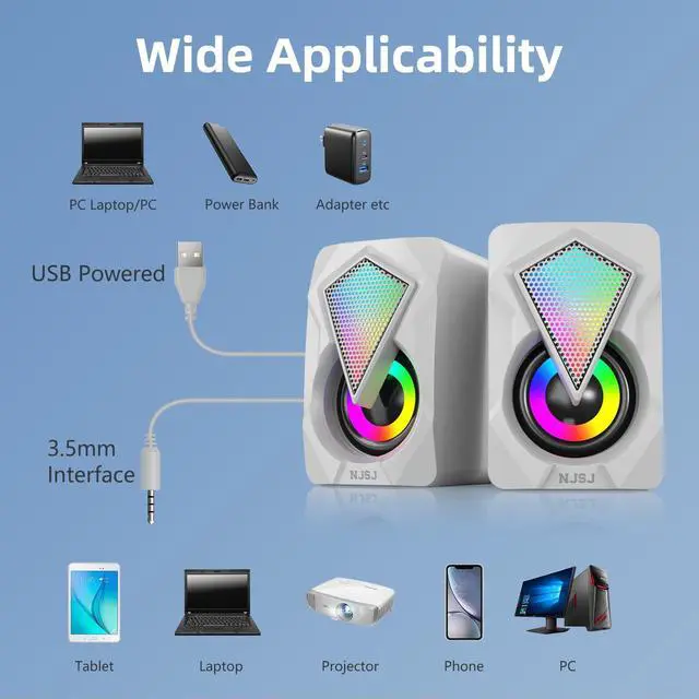 Alt view image 5 of 7 - NJSJ Computer Speakers for Desktop, USB-Powered Stereo 2.0 PC Speakers, Portable Small Speaker for Laptop Monitor with 3.5mm Aux Input, Colorful LED Lights - White