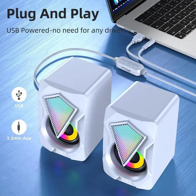 Alt view image 6 of 7 - NJSJ Computer Speakers for Desktop, USB-Powered Stereo 2.0 PC Speakers, Portable Small Speaker for Laptop Monitor with 3.5mm Aux Input, Colorful LED Lights - White
