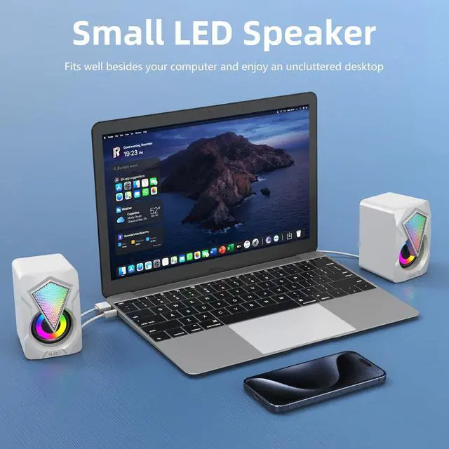 Alt view image 7 of 7 - NJSJ Computer Speakers for Desktop, USB-Powered Stereo 2.0 PC Speakers, Portable Small Speaker for Laptop Monitor with 3.5mm Aux Input, Colorful LED Lights - White