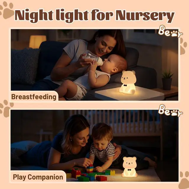 Alt view image 3 of 6 - Attivolife Teddy Bear Night Light for Kids, Baby Nursery Beside Silicone Lamp, Protable USB Rechargeable Kids' Bedroom Nightlight with 8 Color Lights, Birthday Christmas Gifts for Girl Boy Children