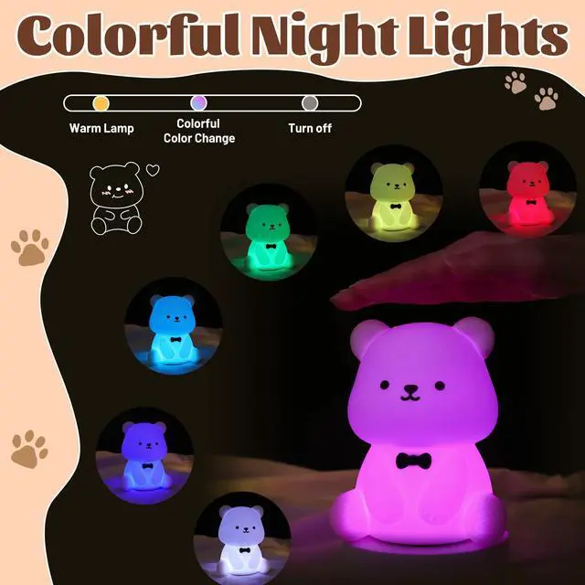 Alt view image 2 of 6 - Attivolife Teddy Bear Night Light for Kids, Baby Nursery Beside Silicone Lamp, Protable USB Rechargeable Kids' Bedroom Nightlight with 8 Color Lights, Birthday Christmas Gifts for Girl Boy Children