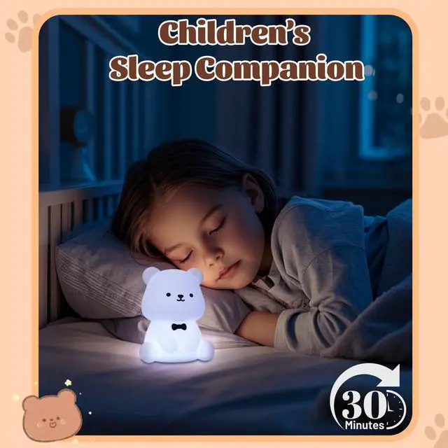 Alt view image 5 of 6 - Attivolife Teddy Bear Night Light for Kids, Baby Nursery Beside Silicone Lamp, Protable USB Rechargeable Kids' Bedroom Nightlight with 8 Color Lights, Birthday Christmas Gifts for Girl Boy Children