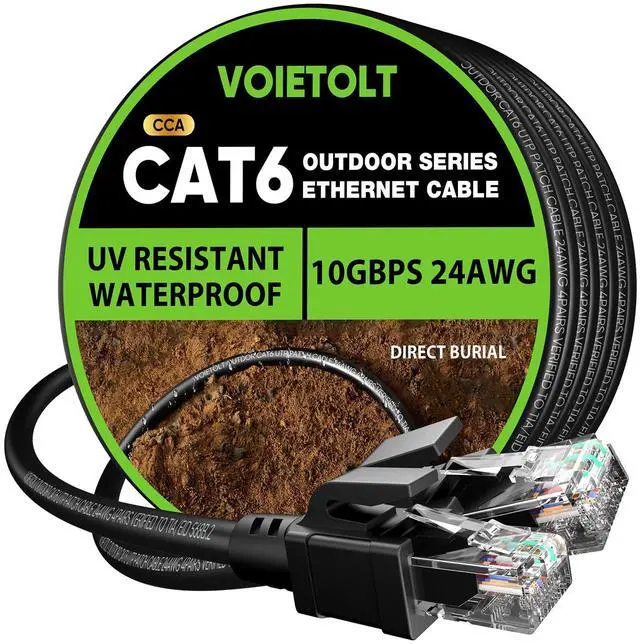 Main image of VOIETOLT Cat 6 Outdoor Ethernet Cable 100 ft, 24AWG 10Gbps Cat6 Cable Cord Waterproof Direct Burial LLDPE UV Jacket, Internet Network Cable with 20 Ties Support POE Cat6 Cat5e Cat5, CCA, UTP for PC