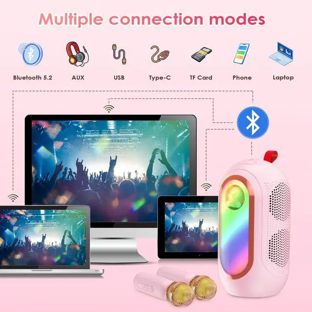 Alt view image 5 of 7 - Olycism Mini Karaoke Machine for Kids & Adults with 2 Wireless Microphones Portable Karaoke Machine 2x5W Bluetooth Speaker Birthday Gift Toys Gifts for Kids Family Home Outdoor Party Pink