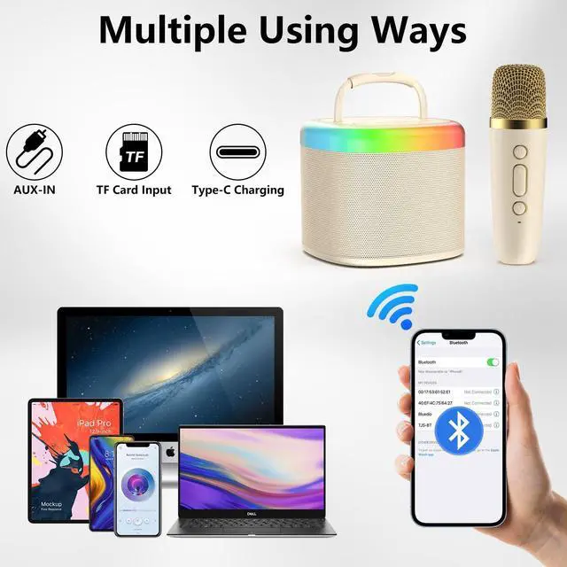 Alt view image 4 of 7 - JYX Mini Karaoke Machine for Kids - Beige Bluetooth Speaker with Party Lights and 1 Wireless Microphone, Great for Kids and Adults, Ideal for Family Home Parties and Birthday