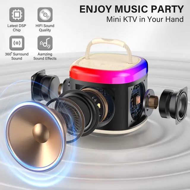 Alt view image 3 of 7 - JYX Mini Karaoke Machine for Kids - Beige Bluetooth Speaker with Party Lights and 1 Wireless Microphone, Great for Kids and Adults, Ideal for Family Home Parties and Birthday