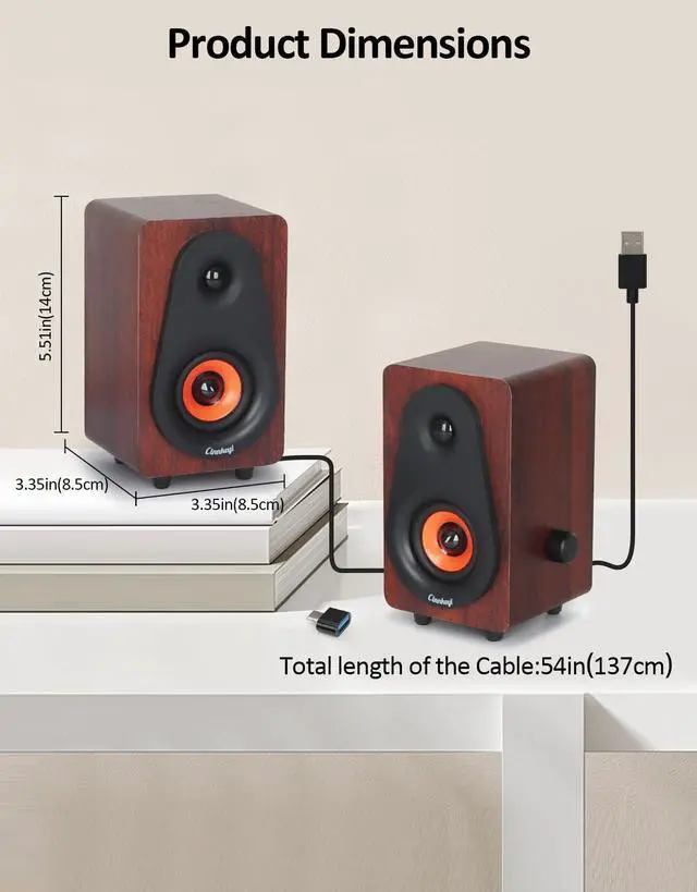 Alt view image 6 of 6 - Small Computer Speakers, 2.0 Wooden Speakers for PC or Laptop, USB-Powered Small PC Speakers, Suitable for Desktop Computers/Laptops Built-in 2x2 Speaker Diaphragms