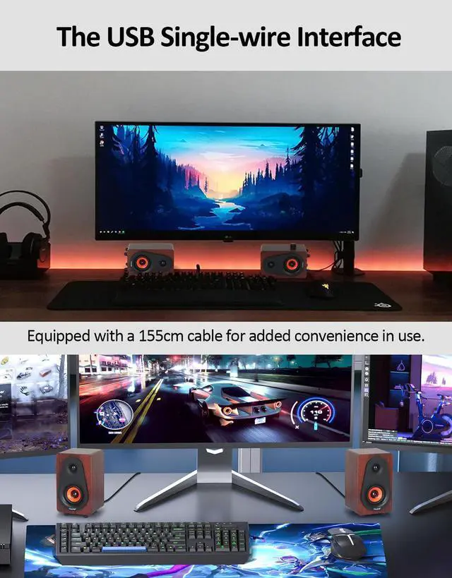 Alt view image 5 of 6 - Small Computer Speakers, 2.0 Wooden Speakers for PC or Laptop, USB-Powered Small PC Speakers, Suitable for Desktop Computers/Laptops Built-in 2x2 Speaker Diaphragms