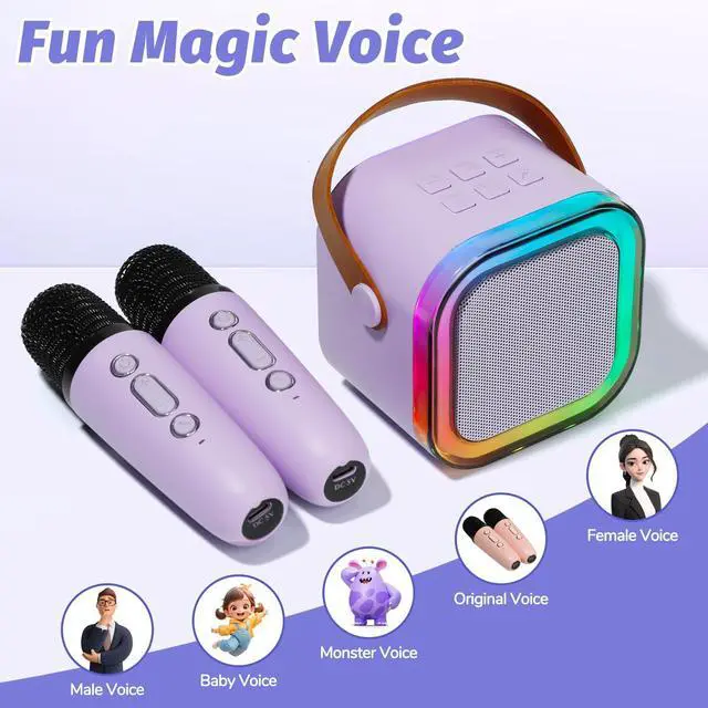 Alt view image 2 of 7 - Karaoke Machine for Kids, Mini Karaoke Speaker with 2 Wireless Microphones,Voice Effects,LED Lights, Portable Singing Machine for Girl, Ages 3,4,5,6,7,8,9,10,11,12+ Years Old Birthday Gift(Purple)