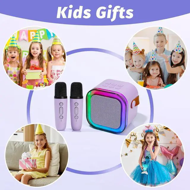 Alt view image 3 of 7 - Karaoke Machine for Kids, Mini Karaoke Speaker with 2 Wireless Microphones,Voice Effects,LED Lights, Portable Singing Machine for Girl, Ages 3,4,5,6,7,8,9,10,11,12+ Years Old Birthday Gift(Purple)