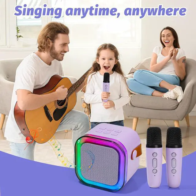 Alt view image 4 of 7 - Karaoke Machine for Kids, Mini Karaoke Speaker with 2 Wireless Microphones,Voice Effects,LED Lights, Portable Singing Machine for Girl, Ages 3,4,5,6,7,8,9,10,11,12+ Years Old Birthday Gift(Purple)