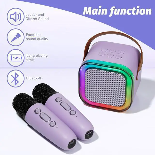 Alt view image 6 of 7 - Karaoke Machine for Kids, Mini Karaoke Speaker with 2 Wireless Microphones,Voice Effects,LED Lights, Portable Singing Machine for Girl, Ages 3,4,5,6,7,8,9,10,11,12+ Years Old Birthday Gift(Purple)