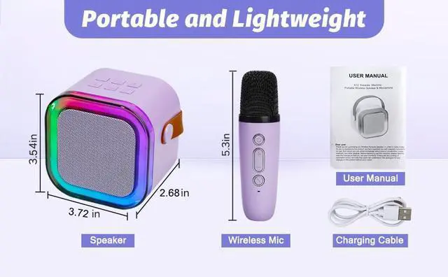 Alt view image 7 of 7 - Karaoke Machine for Kids, Mini Karaoke Speaker with 2 Wireless Microphones,Voice Effects,LED Lights, Portable Singing Machine for Girl, Ages 3,4,5,6,7,8,9,10,11,12+ Years Old Birthday Gift(Purple)