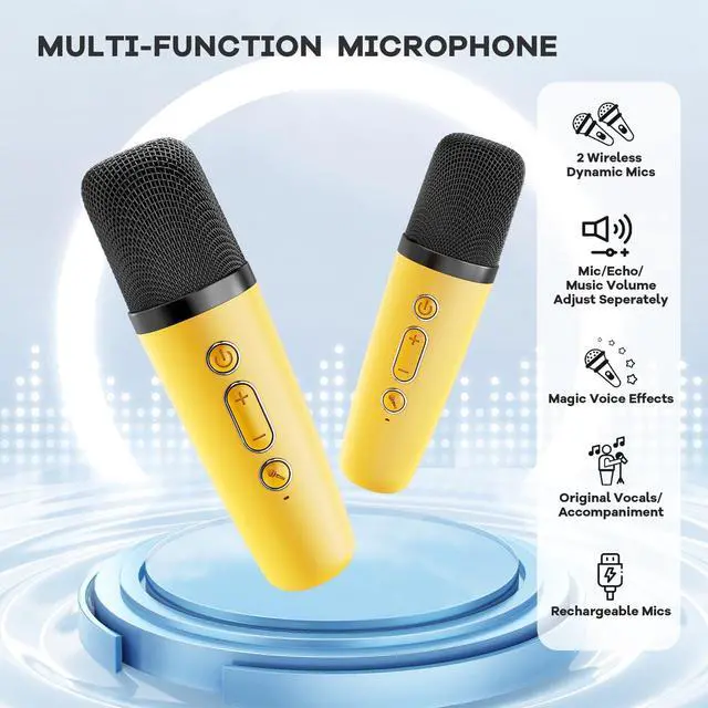 Alt view image 6 of 7 - YLL Mini Karaoke Machine for Kids Adults, Portable Bluetooth Speaker with 2 Wireless Microphones, Birthday Gifts Toys for Girls Boys Ages 3, 4, 5, 6, 7, 8, 9,10,11,12+ Years Old Toddler (Yellow)