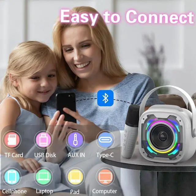 Alt view image 2 of 7 - Mini Karaoke Machine for Kids Adults, Portable Bluetooth Speaker with Wireless Karaoke Microphone, Singing Machine Christmas Toys Birthday Gifts for Girls Boys Ages 3 4 5 6 7 8 9 10 11 12+ (White)