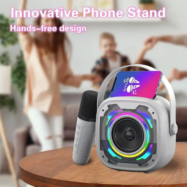Alt view image 5 of 7 - Mini Karaoke Machine for Kids Adults, Portable Bluetooth Speaker with Wireless Karaoke Microphone, Singing Machine Christmas Toys Birthday Gifts for Girls Boys Ages 3 4 5 6 7 8 9 10 11 12+ (White)