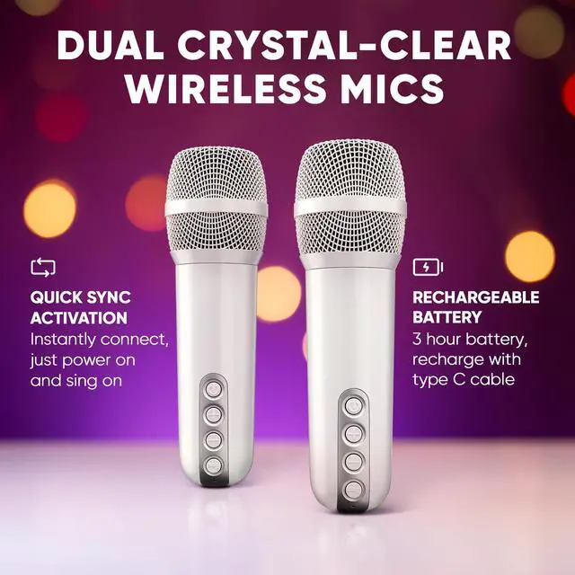 Alt view image 4 of 7 - MASINGO Portable Mini Karaoke Machine for Kids and Adults with Dual Wireless Bluetooth Microphones, Animated LED Display, USB/Aux/MicroSD, Voice Effects, Fun Karaoke Toy for Girls and Boys, Animato S1