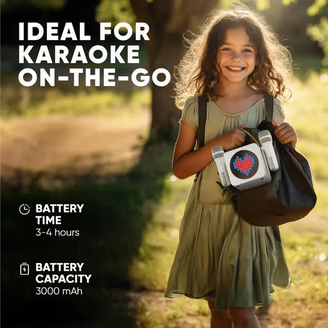 Alt view image 6 of 7 - MASINGO Portable Mini Karaoke Machine for Kids and Adults with Dual Wireless Bluetooth Microphones, Animated LED Display, USB/Aux/MicroSD, Voice Effects, Fun Karaoke Toy for Girls and Boys, Animato S1