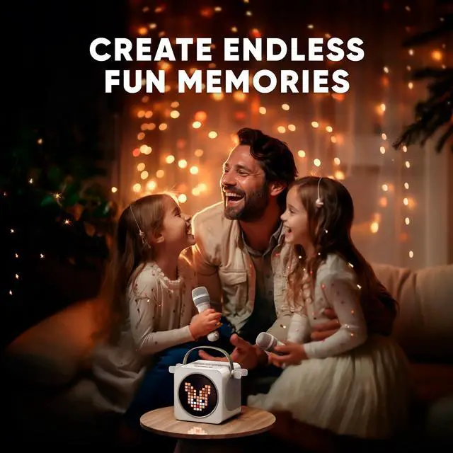 Alt view image 3 of 7 - MASINGO Portable Mini Karaoke Machine for Kids and Adults with Dual Wireless Bluetooth Microphones, Animated LED Display, USB/Aux/MicroSD, Voice Effects, Fun Karaoke Toy for Girls and Boys, Animato S1