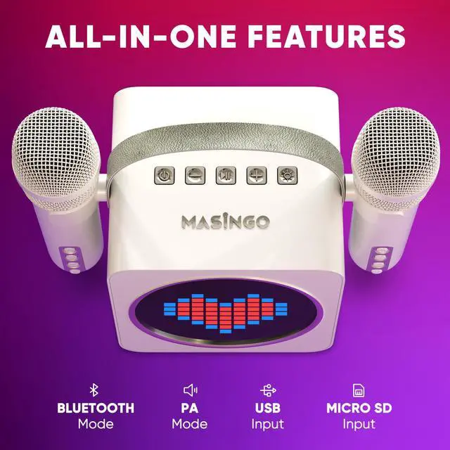 Alt view image 7 of 7 - MASINGO Portable Mini Karaoke Machine for Kids and Adults with Dual Wireless Bluetooth Microphones, Animated LED Display, USB/Aux/MicroSD, Voice Effects, Fun Karaoke Toy for Girls and Boys, Animato S1