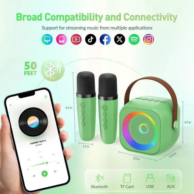 Alt view image 3 of 7 - Mini Karaoke MachinePortable Bluetooth Karaoke Microphone, Singing Speaker with 2 Wireless Mic and Light Kids Adults, Christmas Birthday Gifts for Girls Boys Family Home Party(Green)