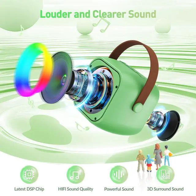 Alt view image 2 of 7 - Mini Karaoke MachinePortable Bluetooth Karaoke Microphone, Singing Speaker with 2 Wireless Mic and Light Kids Adults, Christmas Birthday Gifts for Girls Boys Family Home Party(Green)