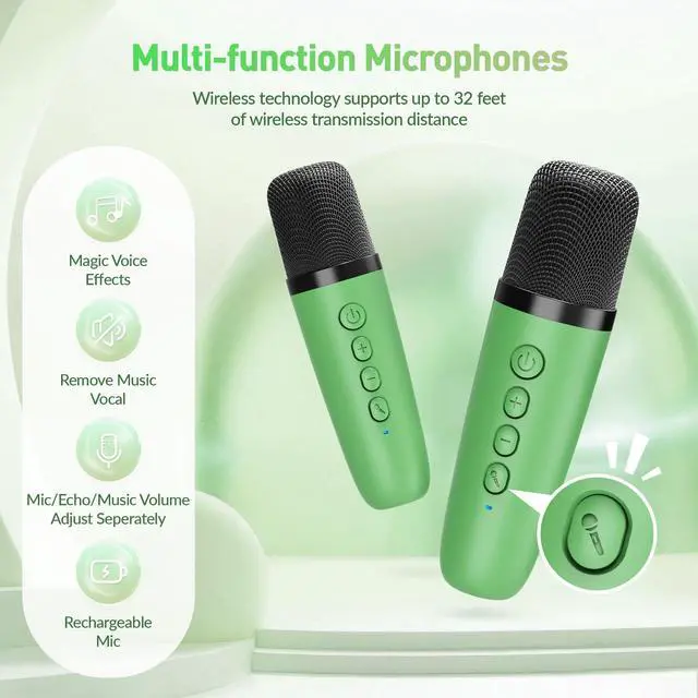 Alt view image 5 of 7 - Mini Karaoke MachinePortable Bluetooth Karaoke Microphone, Singing Speaker with 2 Wireless Mic and Light Kids Adults, Christmas Birthday Gifts for Girls Boys Family Home Party(Green)