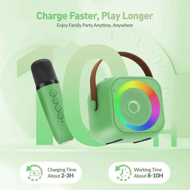 Alt view image 7 of 7 - Mini Karaoke MachinePortable Bluetooth Karaoke Microphone, Singing Speaker with 2 Wireless Mic and Light Kids Adults, Christmas Birthday Gifts for Girls Boys Family Home Party(Green)