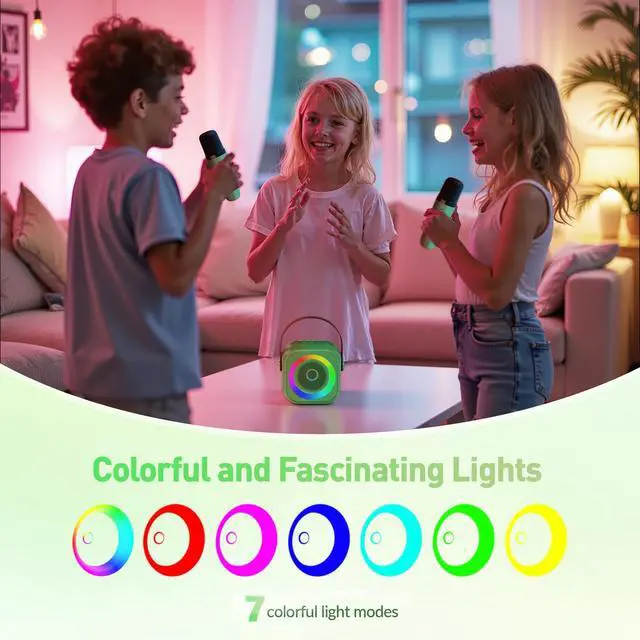 Alt view image 6 of 7 - Mini Karaoke MachinePortable Bluetooth Karaoke Microphone, Singing Speaker with 2 Wireless Mic and Light Kids Adults, Christmas Birthday Gifts for Girls Boys Family Home Party(Green)
