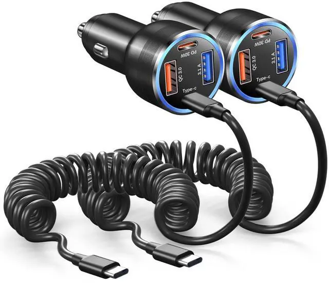 Main image of 65W Super Fast Type C Car Charger for Samsung Galaxy S25 S24 S23 Ultra, 2Pack 4-Port USB C Car Charger for Samsung A13 A14 A15 A16 A53 A54 S22FE Note 20 Android Car Adapter+5FT Type C Coiled Cable