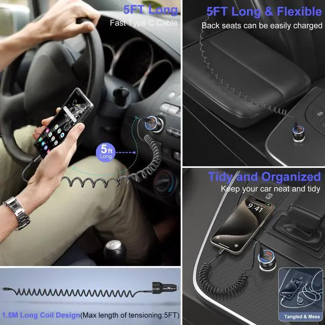 Alt view image 6 of 7 - 65W Super Fast Type C Car Charger for Samsung Galaxy S25 S24 S23 Ultra, 2Pack 4-Port USB C Car Charger for Samsung A13 A14 A15 A16 A53 A54 S22FE Note 20 Android Car Adapter+5FT Type C Coiled Cable