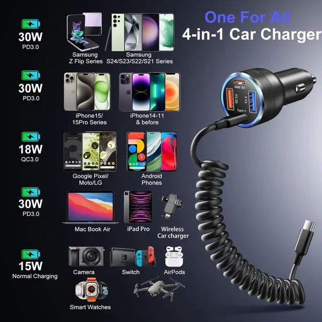 Alt view image 7 of 7 - 65W Super Fast Type C Car Charger for Samsung Galaxy S25 S24 S23 Ultra, 2Pack 4-Port USB C Car Charger for Samsung A13 A14 A15 A16 A53 A54 S22FE Note 20 Android Car Adapter+5FT Type C Coiled Cable