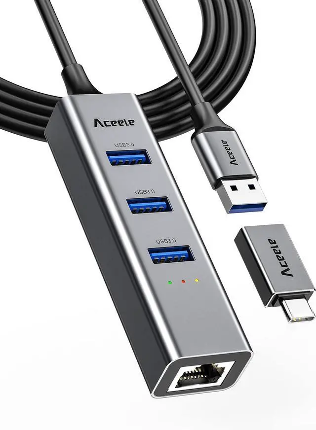 Main image of Aceele USB C to Ethernet Adapter, 3.3ft Long Cable, Aluminum USB-C Hub with 4 USB 3.0 Ports, Thunderbolt 3/USB-C to RJ45 Gigabit Ethernet LAN Network Adapter Multiport for MacBook Pro/Air, iPad Pro