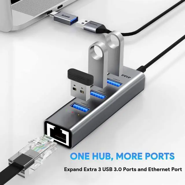 Alt view image 2 of 7 - Aceele USB C to Ethernet Adapter, 3.3ft Long Cable, Aluminum USB-C Hub with 4 USB 3.0 Ports, Thunderbolt 3/USB-C to RJ45 Gigabit Ethernet LAN Network Adapter Multiport for MacBook Pro/Air, iPad Pro