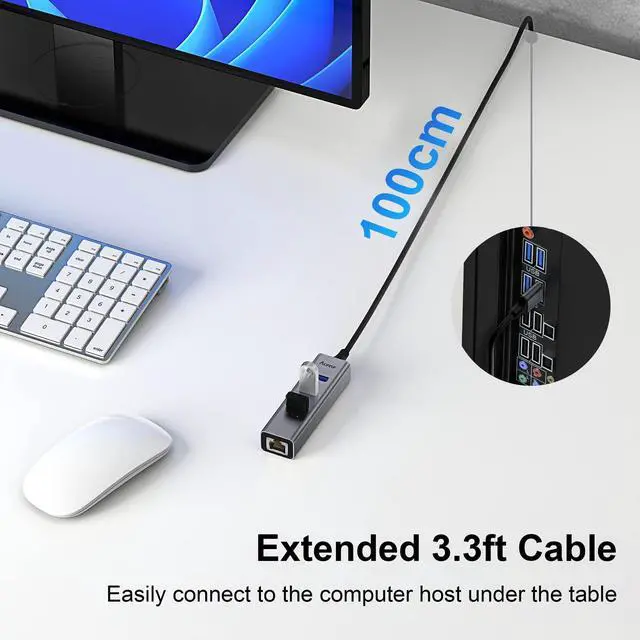 Alt view image 4 of 7 - Aceele USB C to Ethernet Adapter, 3.3ft Long Cable, Aluminum USB-C Hub with 4 USB 3.0 Ports, Thunderbolt 3/USB-C to RJ45 Gigabit Ethernet LAN Network Adapter Multiport for MacBook Pro/Air, iPad Pro