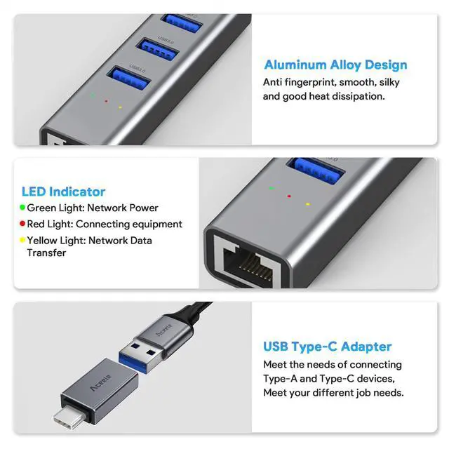 Alt view image 5 of 7 - Aceele USB C to Ethernet Adapter, 3.3ft Long Cable, Aluminum USB-C Hub with 4 USB 3.0 Ports, Thunderbolt 3/USB-C to RJ45 Gigabit Ethernet LAN Network Adapter Multiport for MacBook Pro/Air, iPad Pro