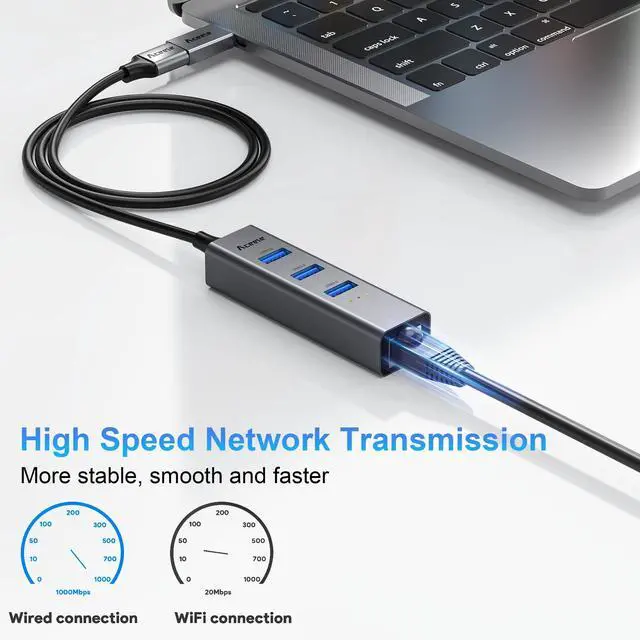 Alt view image 3 of 7 - Aceele USB C to Ethernet Adapter, 3.3ft Long Cable, Aluminum USB-C Hub with 4 USB 3.0 Ports, Thunderbolt 3/USB-C to RJ45 Gigabit Ethernet LAN Network Adapter Multiport for MacBook Pro/Air, iPad Pro