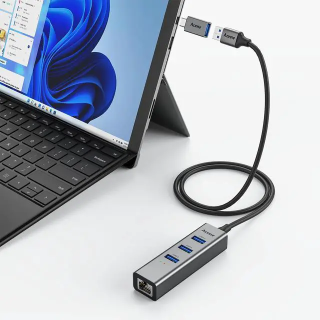 Alt view image 7 of 7 - Aceele USB C to Ethernet Adapter, 3.3ft Long Cable, Aluminum USB-C Hub with 4 USB 3.0 Ports, Thunderbolt 3/USB-C to RJ45 Gigabit Ethernet LAN Network Adapter Multiport for MacBook Pro/Air, iPad Pro
