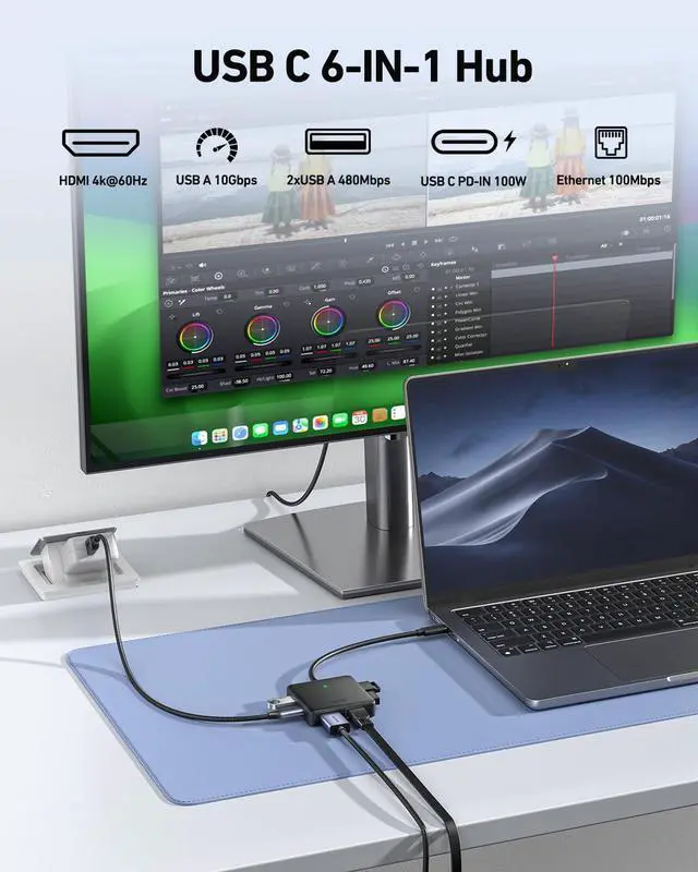Alt view image 2 of 7 - BENFEI USB C HUB 6in1 with HDMI(4K@60Hz), 100Mbps Ethernet, 100W Power Delivery, 1*USB 3.2 10Gbps and 2*USB 2.0, Compatible with iPhone 16 Pro/Max MacBook iPad Pro iMac S23 XPS17