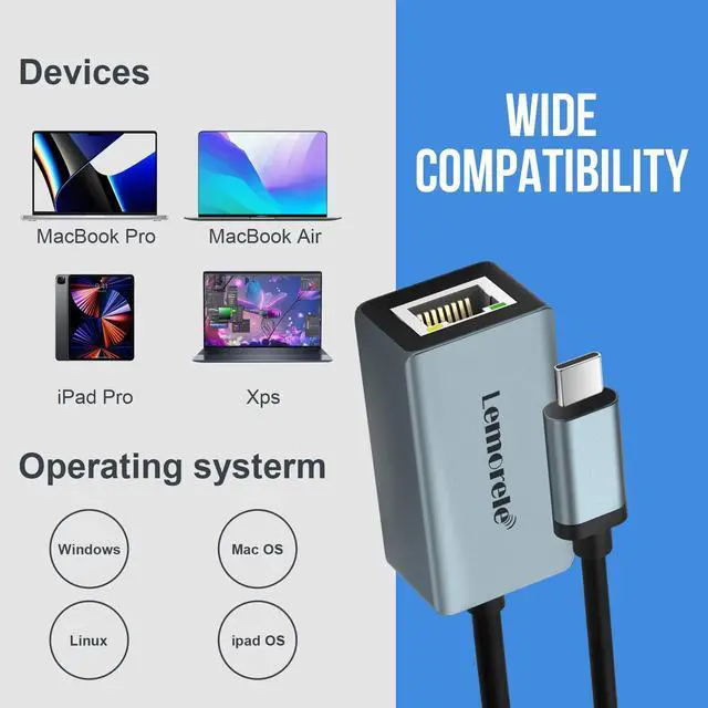Alt view image 4 of 7 - USB C to Ethernet Adapter, Lemorele Type-C (Thunderbolt 3) to RJ45 Gigabit Ethernet, Aluminum Portable LAN Network Adapter for MacBook Pro/Air, iPad Pro/Mini, iMac, Surface Pro, Chromebook, Dell