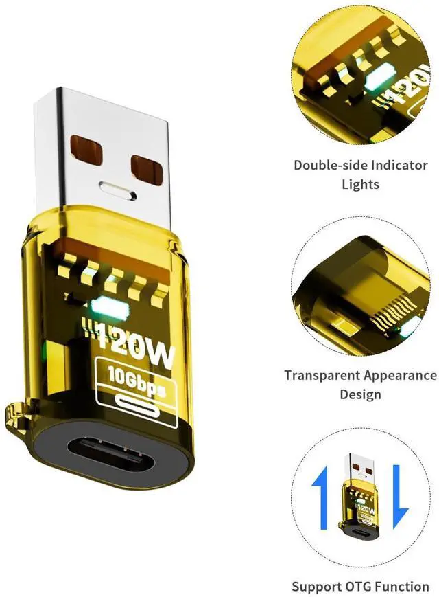 Alt view image 5 of 7 - Vszerda 4Pack 10Gbps USB C Female to USB Male Adapter 120W USB 3.2 Type C to Type A Charger Connector with Double-Side LED Comaptible for iPhone 15 16 Plus Pro Max, Laptop, Charger, Earphone, Yellow